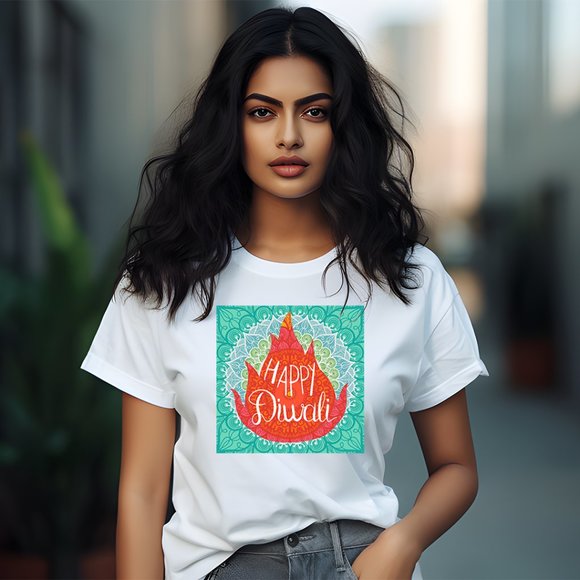 Diwali Banner . Happy Diwali . Diwali Lights White T Shirt . Graphic Tee - Picture 1 of 2